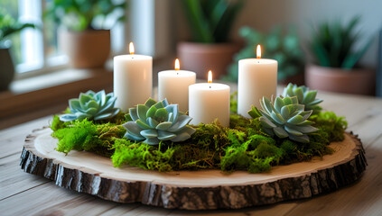 Christmas table setting with candles and festive decorations