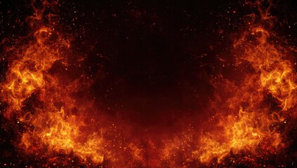 Fiery, symmetrical image; flames frame a dark center, with embers and smoke throughout
