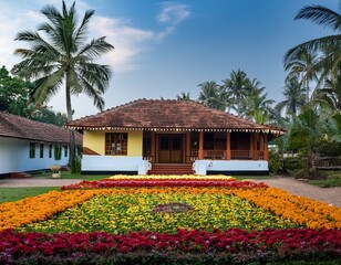 a traditional kerala house with a stunning flower carpet in front vibrant colors and intricate designs create a beautiful scene lush greenery surrounds the property enhancing its charm