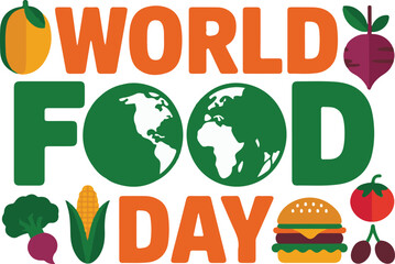 Flat Vector Illustration for World Food Day with Globe in Typography and Fruits and Vegetables Icons