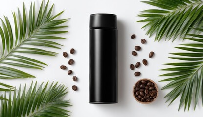 Black vacuum flask/thermos surrounded by palm fronds and coffee beans