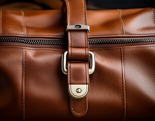 close up of a rich brown leather duffel bag showcasing its textured surface detailed stitching and a polished metal zipper with a convenient pull tab