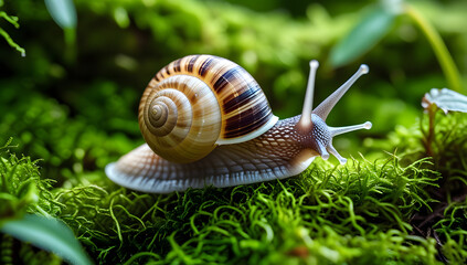 Snail resting on a green leaf