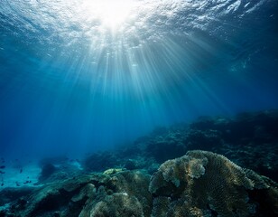 Fototapeta premium serene underwater depths illuminated by ethereal sunbeams a calm and mysterious aquatic vista