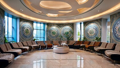 elegant waiting area with a mosaic floral design and curved seating