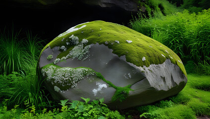 Stone resting in green grass