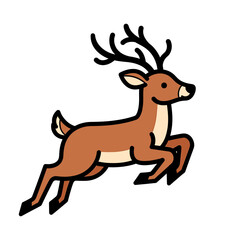 Fototapeta premium Cartoon-style illustration of a brown deer with antlers leaping forward, outlined in black, on a white background.