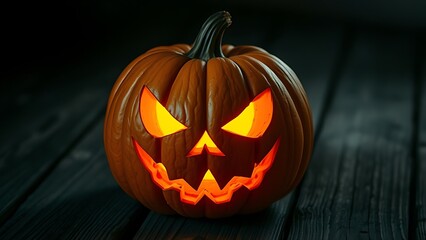 Fototapeta premium Carved pumpkin with eerie glowing expression on weathered wooden surface.