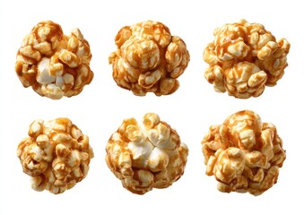 Six pieces of caramel-coated popcorn against a white background, close-up view