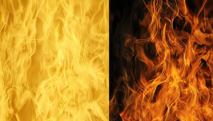 Two vibrant, detailed depictions of fire one gold, one fiery orange, each with dynamic motion
