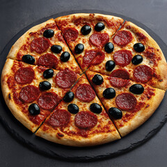 The classic italian dish is served on a round black slate plate. The top down view shows the melted cheese and savory toppings.