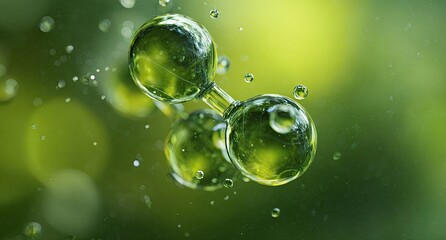 Close-up of a translucent green molecule with attached spheres, surrounded by smaller droplets