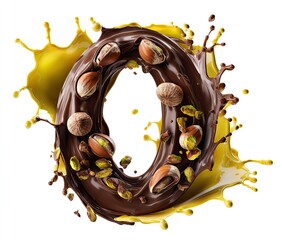 A chocolate-letter ?O? with nuts, pistachio, and vibrant yellow splash, isolated on white