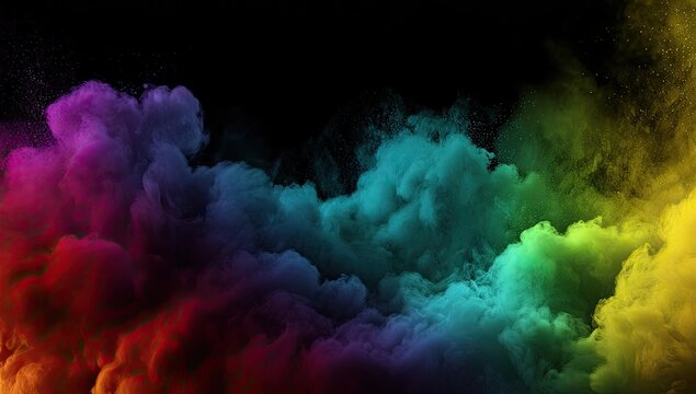 Colorful cloud of powder explodes across black background, blending hues