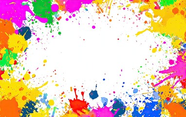 A colorful, abstract frame created by splattered paint in vibrant hues, framing white space
