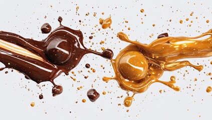 Symmetrical burst of two viscous liquids colliding, chocolate and caramel, against white