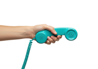 Turquoise retro telephone receiver in hand isolated, vintage communication device PNG