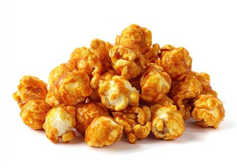 A close-up pile of caramel-coated popcorn kernels against a white background