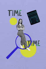 Collage of business woman man magnifying glass calculator time concept representing job search human resources