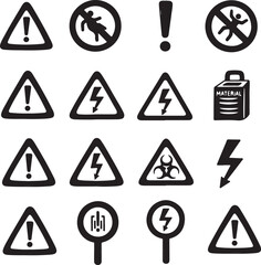Doodle attention Vector art of a collection of various warning signs and symbols, including hazard symbols, electrical hazard signs, and general warning icons, all in black and white on