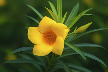 Also known as the golden trumpet this beautiful tropical flower has rich green leaves. The close up shot captures the delicate details and texture.