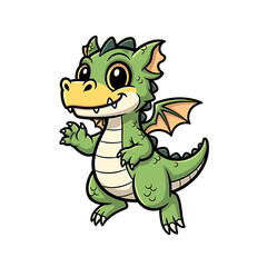 Obraz premium Cute cartoon green dragon standing and waving with a friendly expression on a white background.