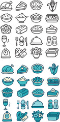 Thanksgiving Dinner Icons Set Featuring Roasted Turkey Mashed Potatoes and Pie.