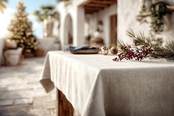 Elegant dining table decorated with pine branches and ornaments in a warm outdoor setting during holiday season
