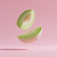 Two melon slices floating against a smooth pink background, with soft shadows