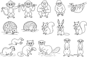 Obraz premium Doodle wild animal set vector illustration hand drawn monkey gorilla sloth hedgehog squirrel meerkat
