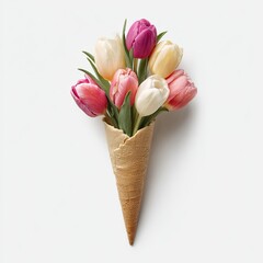 A bouquet of colorful tulips bursts from a waffle cone on a clean white background