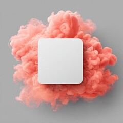 A blank square floats amidst coral-colored, billowing smoke on a gray backdrop