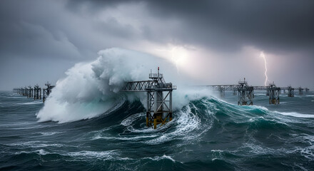 Massive storm waves crash over a pier structure during a lightning storm at sea