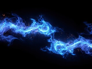Electric blue energy streaks across a black background, with swirling forms and small sparks