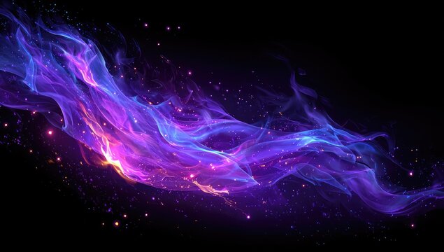 Abstract cosmic cloud swirls with gradients of purple, blue, and gold, lit against black