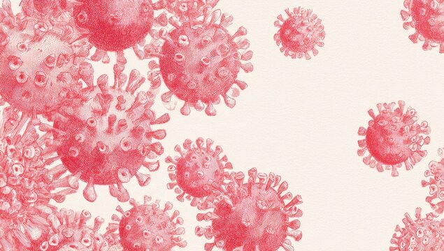 Pink virus illustration, light background.  Virus particles, watercolor-style, scattered