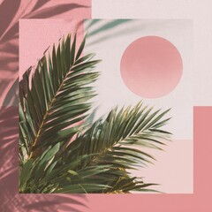Tropical composition of palm leaves, pink sun, and geometric backgrounds, shadows cast