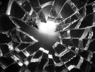 Shattered glass revealing bright light. Abstract, high contrast, broken surface