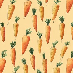 A repeating pattern of watercolor-style carrots with green tops on a beige background