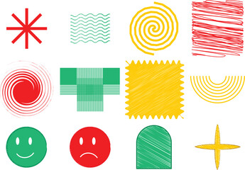 Hand-drawn doodle icons colorful 12-piece sketch-style grid featuring symbols for motion, emotion, and structure