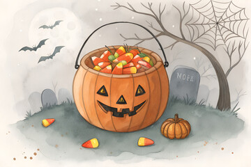 Watercolor pumpkin bucket full of Halloween candies in spooky festive style. Vector illustration of jack-o’-lantern candy holder, perfect for holiday cards, posters, stickers, party invitations, and s
