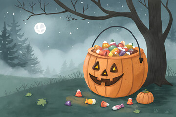 Watercolor pumpkin bucket full of Halloween candies in spooky festive style. Vector illustration of jack-o’-lantern candy holder, perfect for holiday cards, posters, stickers, party invitations, and s