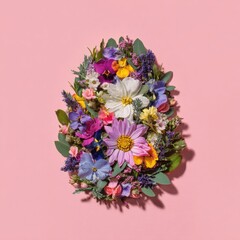 Colorful flower arrangement shaped like an egg against a soft pink backdrop with shadows