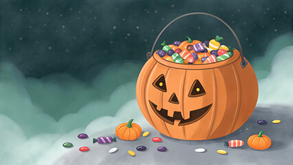 Watercolor pumpkin bucket full of Halloween candies in spooky festive style. Vector illustration of jack-o’-lantern candy holder, perfect for holiday cards, posters, stickers, party invitations, and s