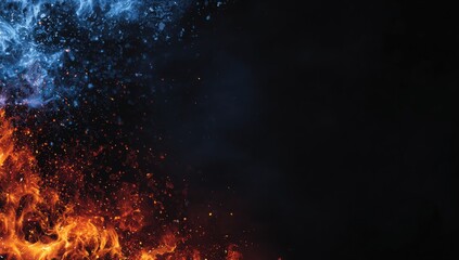 A clash of opposing elements; vibrant flames meet cool blues against a dark backdrop