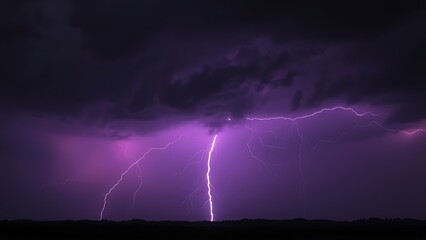 Dramatic purple lightning illuminating a stormy night sky, capturing raw natural energy.