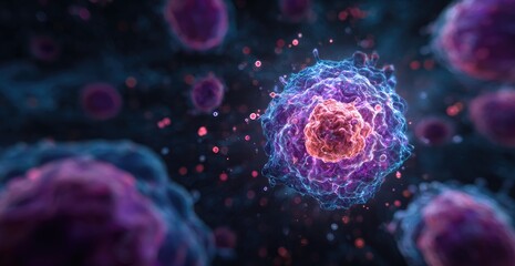 Microscopic, detailed view of a biological cell with a layered structure and glowing effects