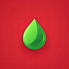 A stylized, vibrant green teardrop shape with subtle textures set against a rich red backdrop