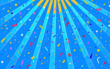 Upward angled beams of light illuminate falling confetti against a vibrant blue backdrop