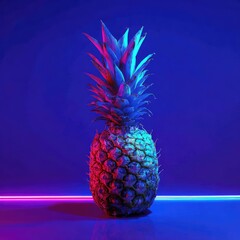 Pineapple bathed in neon pink and blue light, on a reflecting surface, against a dark backdrop